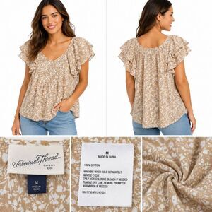 Universal Thread Floral Ruffle Blouse Medium Beige Cotton